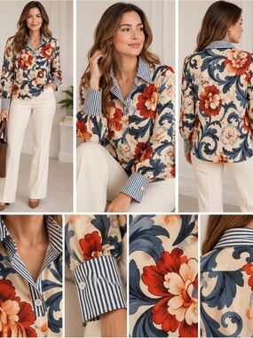 Size Large Striped-Collar Floral Button-Down Shirt - Cream, Navy & Rust